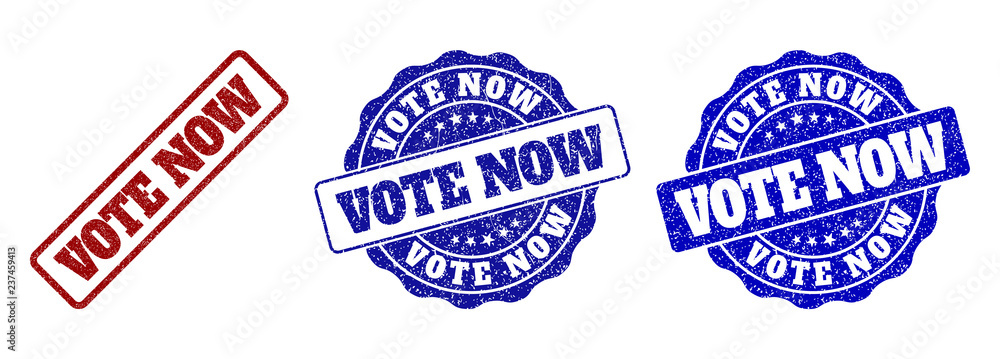 VOTE NOW grunge stamp seals in red and blue colors. Vector VOTE NOW overlays with grunge surface. Graphic elements are rounded rectangles, rosettes, circles and text tags. VOTE NOW grunge stamp seals in red and blue colors. Vector VOTE NOW overlays with grunge surface. Graphic elements are rounded rectangles, rosettes, circles and text tags.