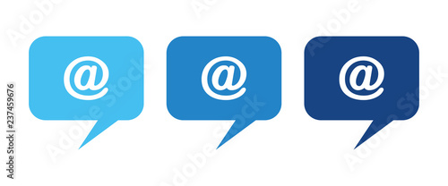Email symbol in speech bubbles. Blue gradient speech bubbles with at symbol. Design elements for your works.