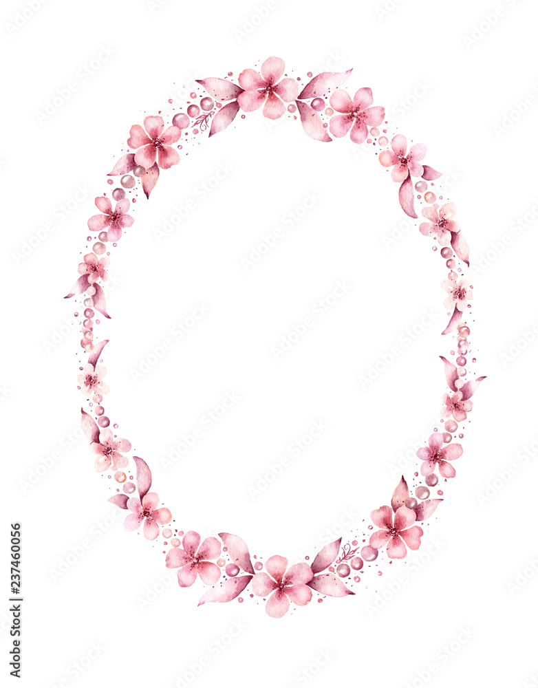 .Watercolor hand painted oval wreath with flowers and leaves. Frame for wedding invitations, save the date or greeting cards. .Watercolor hand painted oval wreath with flowers and leaves. Frame for wedding invitations, save the date or greeting cards.