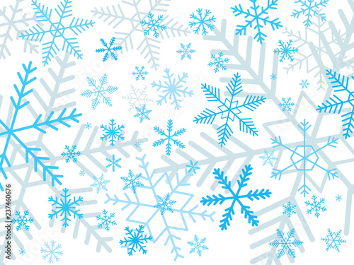 Blue snowflakes on white background. Snowflakes in diffrent shapes. Snow flakes, snow background, winter concept.