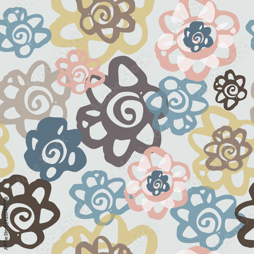 Cute and quirky hand drawn floral in pastel colors great for Spring, Overlapping flower blooms create a seamless vector pattern, great for fashion, stationery, textiles, home decor and graphic design.