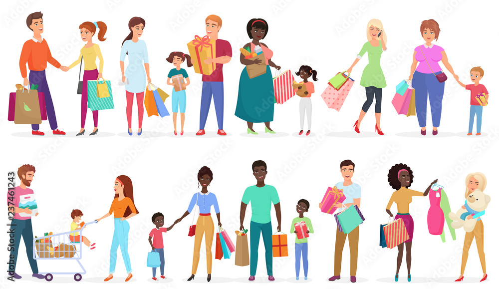 Cartoon people carrying shopping bags with purchases. Men, women and kids characters. Seasonal sale at store, shop, mall vector illustration.