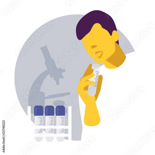 Man coughs up a sample of mucus from his lungs. Medical test for Lung Cancer, pneumonia, tuberculosis exam. Vector illustration. Healthcare poster or banner template.