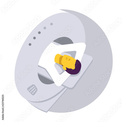 Man lies on a table in CT scanner. Computed tomography (CT) scan. Medical test for Lung Cancer.Medical equipment  at hospital. Vector illustration. Healthcare poster or banner template.