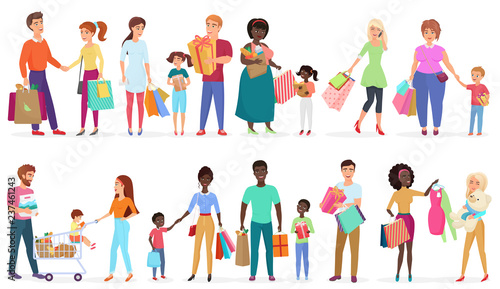 Cartoon people carrying shopping bags with purchases. Men, women and kids characters. Seasonal sale at store, shop, mall vector illustration.
