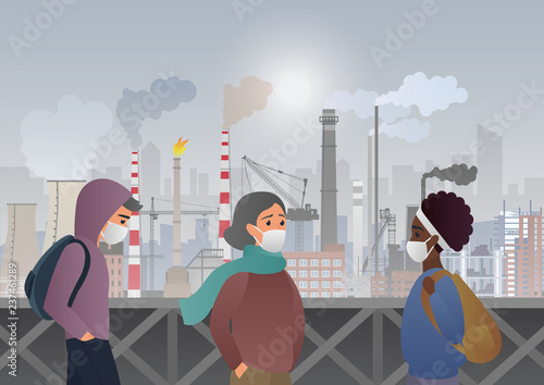 Sad and unhappy people wearing protective face masks on factory pipes with smoke on background. Industrial smog, fine dust, air pollution and pollutant fog gas vector illustration.