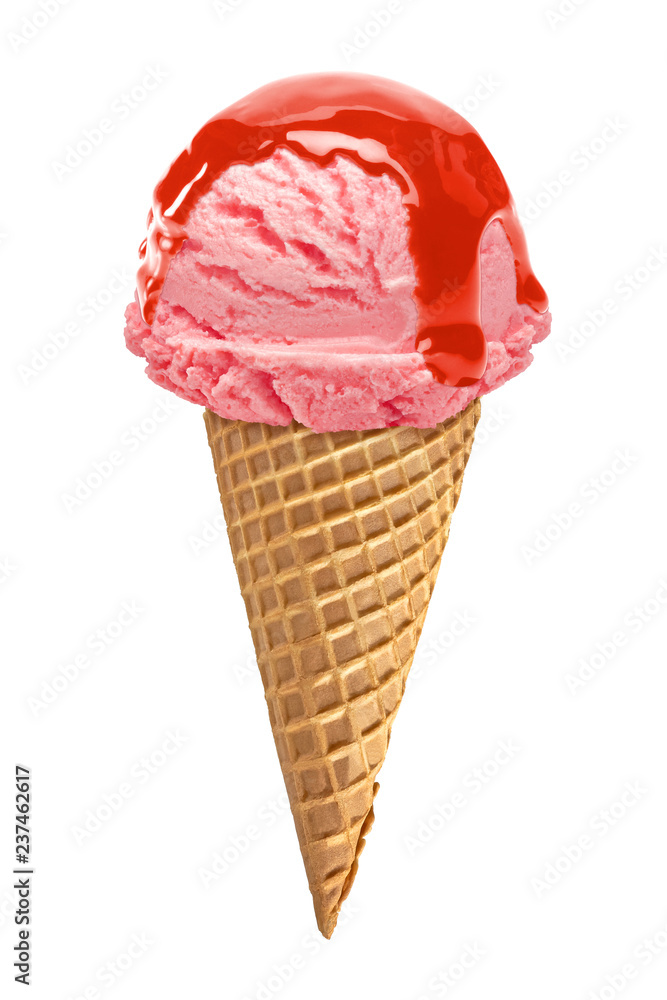 Strawberry Ice cream scoop with sauce or sherbet on cone isolated on white background Strawberry Ice cream scoop with sauce or sherbet on cone isolated on white background
