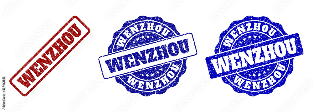 WENZHOU grunge stamp seals in red and blue colors. Vector WENZHOU watermarks with draft style. Graphic elements are rounded rectangles, rosettes, circles and text titles.