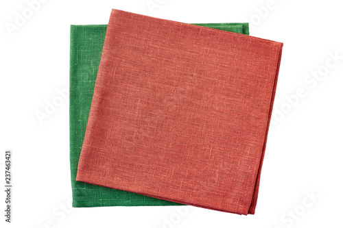 Stack of red and green folded napkins on white