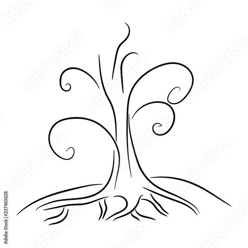 Hand drawn bare tree with roots isolated on background. Vector illustration.