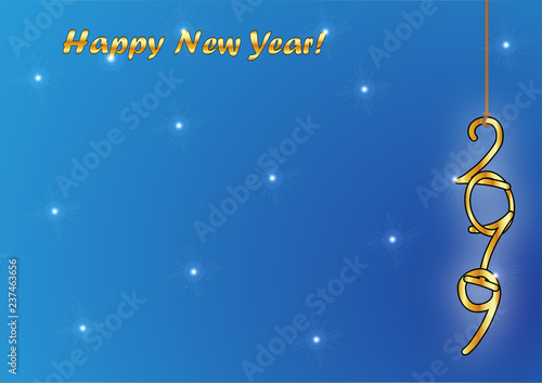 Auguri di Felice anno nuovo 2019 dorato appeso ad un filo