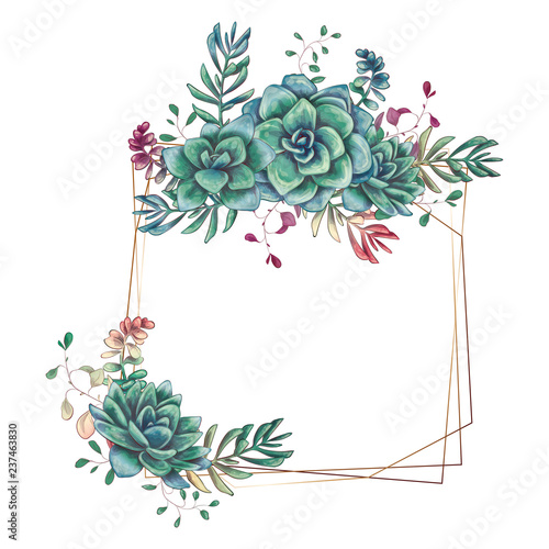 Festive wedding frames with colorful succulents. Beautiful plants, in bouquets for cards, invitations, cards.