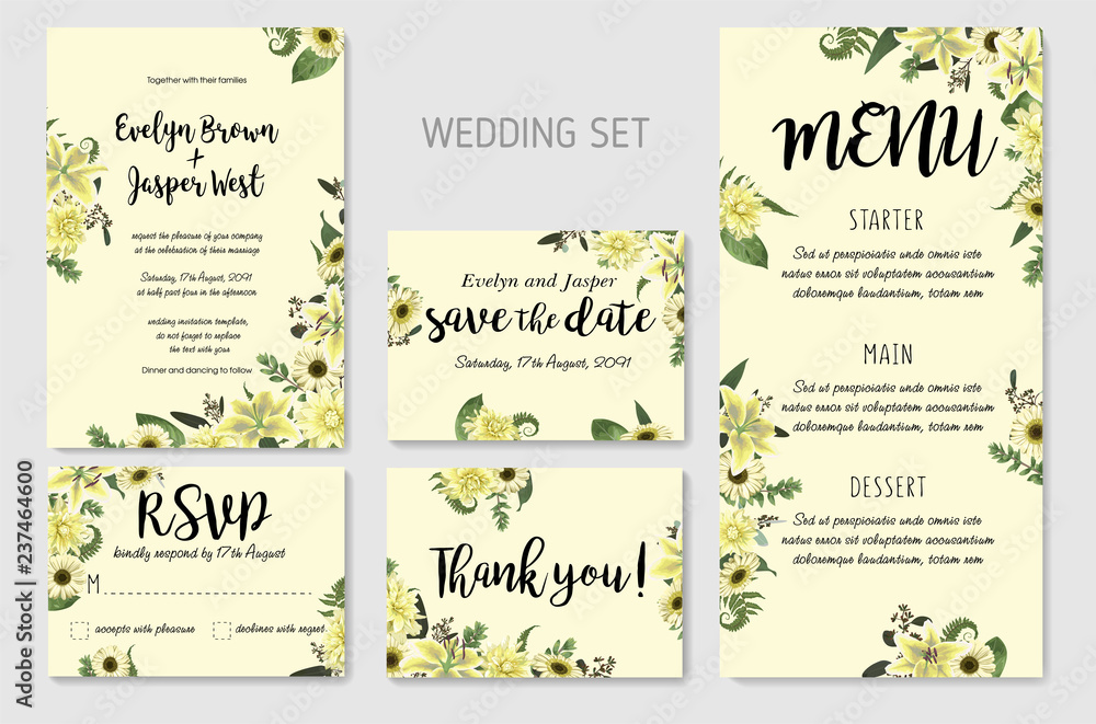 Wedding Invitation set, floral invite, thank you, rsvp card Design. Forest leaf, fern, branches, buxus, eucalyptus. Flowers of white lily, gerbera, dahlia. Decorative frame print
