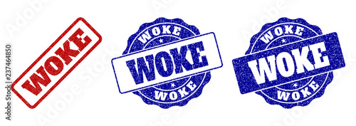 WOKE scratched stamp seals in red and blue colors. Vector WOKE labels with draft style. Graphic elements are rounded rectangles, rosettes, circles and text labels.
