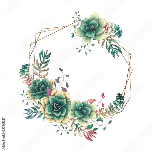 Festive wedding frames with colorful succulents. Beautiful plants, in bouquets for cards, invitations, cards.