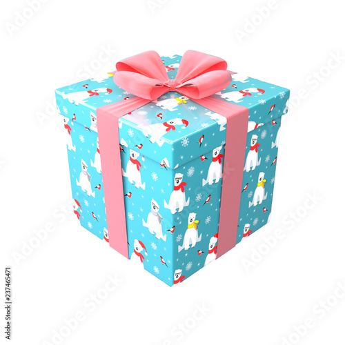 Gift box in blue, red and white color with pink bow and ribbon. Surprise in wrapping paper with polar bear and bullfinch. Winter holiday 3d render