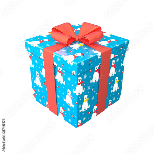 Gift box in blue, red and white color with red bow and ribbon. Surprise in wrapping paper with polar bear and bullfinch. Winter holiday 3d render design