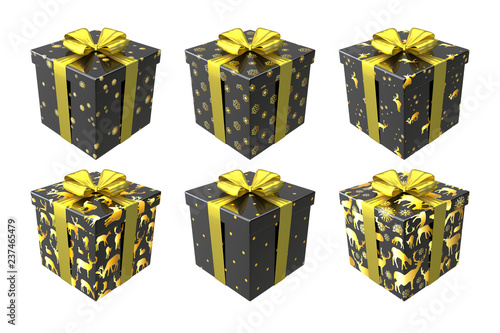 Black and gold gift boxes isolated on white background with gold bows and ribbons. Merry Christmas and Happy New Year colorful trendy set. Winter holiday collection design 3d render