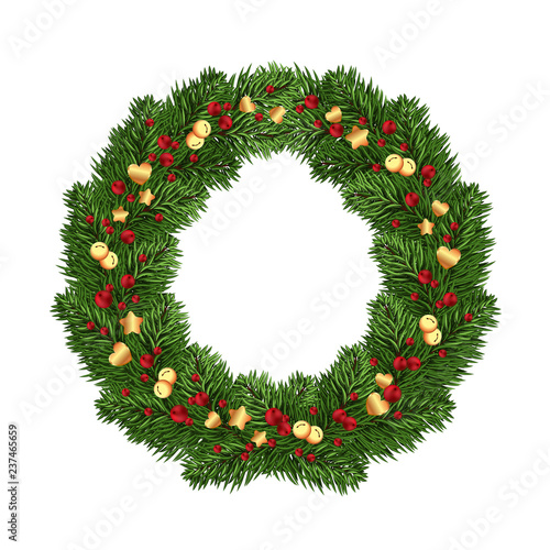 Large round wreath of pine branches with festive decor. Isolated