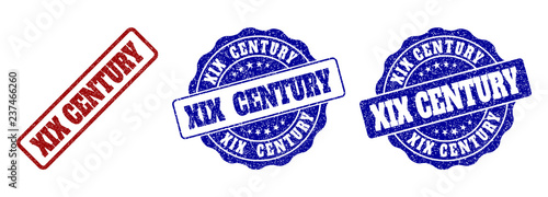 XIX CENTURY grunge stamp seals in red and blue colors. Vector XIX CENTURY labels with grunge effect. Graphic elements are rounded rectangles, rosettes, circles and text captions.