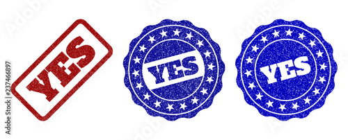 YES grunge stamp seals in red and blue colors. Vector YES labels with grunge texture. Graphic elements are rounded rectangles, rosettes, circles and text captions.