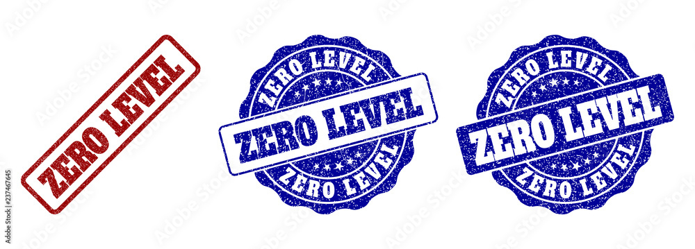 ZERO LEVEL grunge stamp seals in red and blue colors. Vector ZERO LEVEL signs with grunge style. Graphic elements are rounded rectangles, rosettes, circles and text labels. ZERO LEVEL grunge stamp seals in red and blue colors. Vector ZERO LEVEL signs with grunge style. Graphic elements are rounded rectangles, rosettes, circles and text labels.