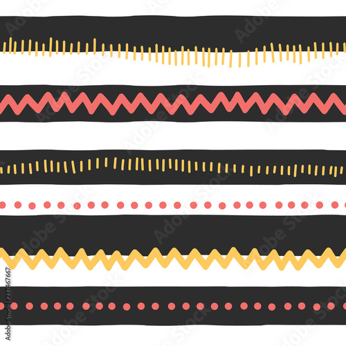 Seamless vector pattern abstract horizontal lines, zigzag, dots, stripes. Red and yellow doodles on black and white background. Texture for childrens market, kids decor, web banner, fabric, page fill.