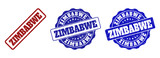 ZIMBABWE grunge stamp seals in red and blue colors. Vector ZIMBABWE labels with draft texture. Graphic elements are rounded rectangles, rosettes, circles and text labels.