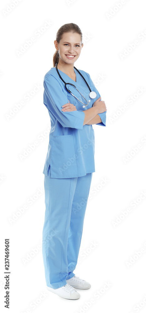 Full length portrait of young medical assistant with stethoscope on white background Full length portrait of young medical assistant with stethoscope on white background