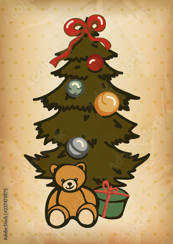 Choinka z prezentami i ozdobami świątecznymi. Boże Narodzenie.