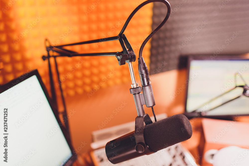 Condenser microphone in vocal recording room studio. Stock Photo