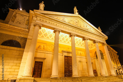 View on a historic church in Cremona, Italy at night.