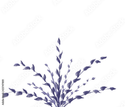 Colorful hand drawn abstract view of purple plant with leaves on white background, isolated cartoon illustration of violet decor tree painted by chalk and pencil paper chalk, high quality