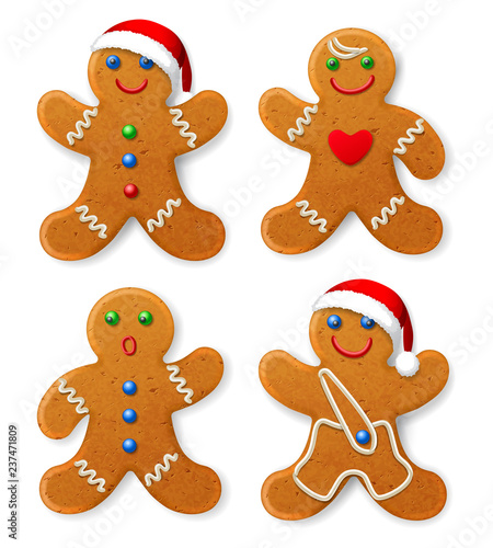 Set of vector Christmas gingerbread man in a Santa hat, decorated with icing, isolated on white