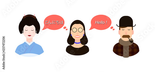 International communication translation concept illustration. tourists or businessmen or politicians from Japan and England communicate through a girl geisha maiko translator.