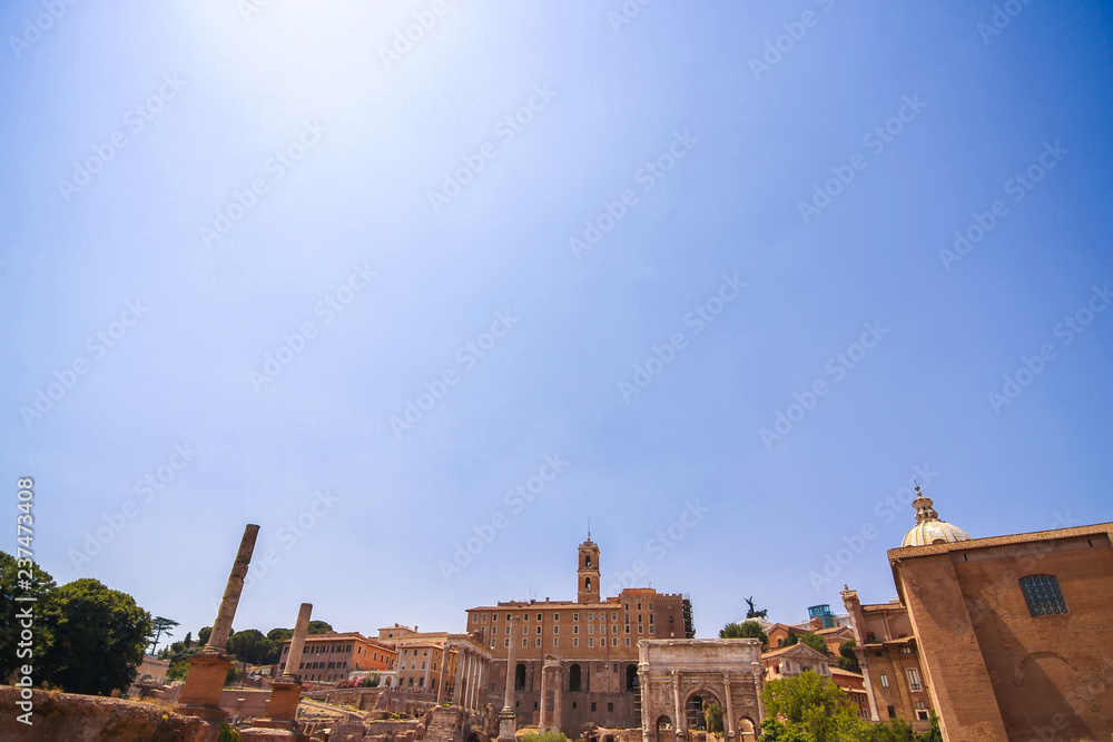 Closeup view on the details of the Forum Romanum in Rome, Italy on a sunny day.