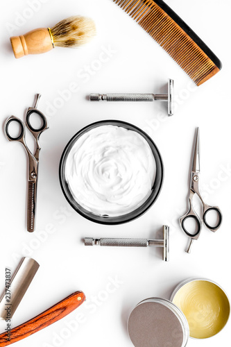 barbershop desk with tools for male care white background top view