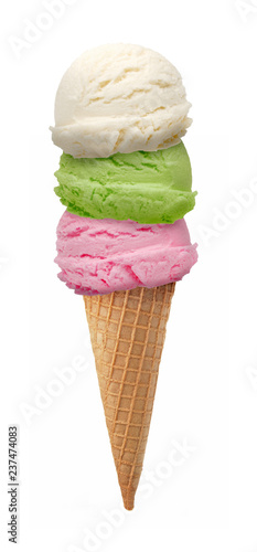 Vanilla, mint, Strawberry and kiwi fruit Ice cream scoops in cone isolated on white background