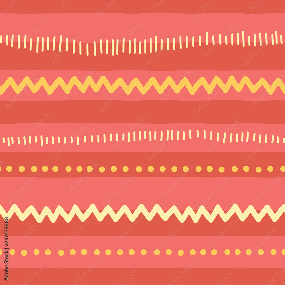 Seamless vector doodle pattern abstract horizontal lines, zigzag, dots, stripes. Red pink yellow tribal background. Texture for children, girl, kids decor, web banner, fabric, page fill, digital paper