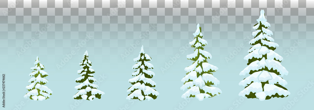 Fototapeta premium Jodły na śniegu. zestaw choinek ze śniegiem. Odosobniony. Świąteczny wystrój. Rysunek. Boże Narodzenie. Ilustracji wektorowych. EPS 10.