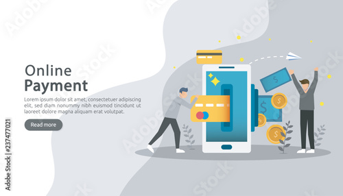 mobile payment or money transfer concept. E-commerce market shopping online illustration with tiny people character. template for web landing page, banner, presentation, social media, print media