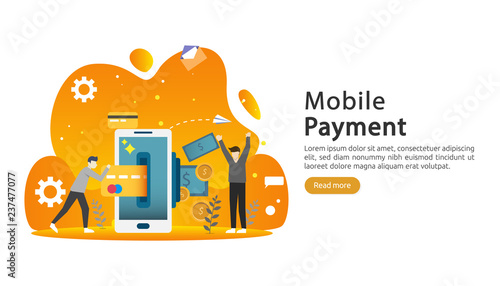 mobile payment or money transfer concept. E-commerce market shopping online illustration with tiny people character. template for web landing page, banner, presentation, social media, print media