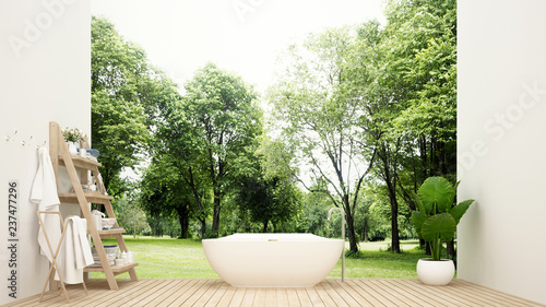 Bathroom design and forest view in hotel or home - Buthtub with decoration set on wood terrace and nature view background - 3D Illustration