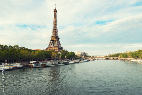 Eiffel tower in Paris from the river Seine in spring season. Paris, France.