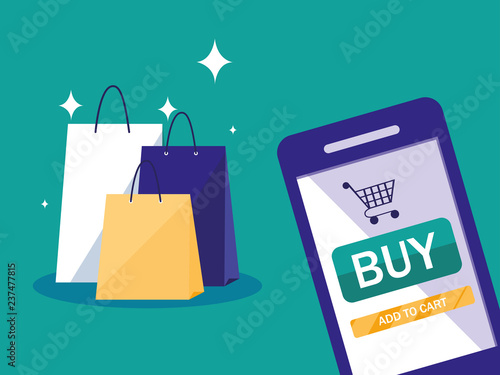 shopping online with smartphone and bags