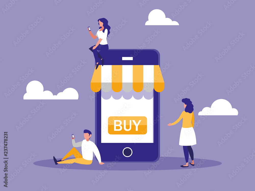 shopping online with smartphone and mini people shopping online with smartphone and mini people