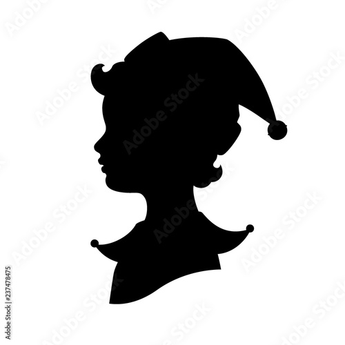 Vector illustration. Black silhouette of an elf. Head in profile. Isolated on white. The Santa's helper has wavy hair and a cap with a jingle bell.