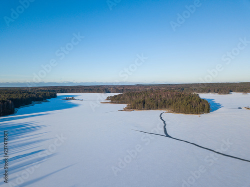 Aerial view of the winter lake 