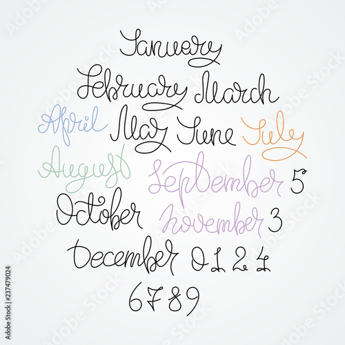 Calendar collection of months and numbers for all year, week, seasons. Ink modern brush calligraphy