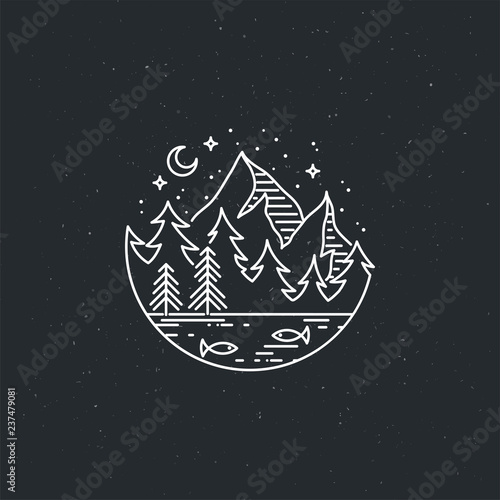 Night mountains. Nature exploration vector vintage poster. Modern flat linear vector illustration photo
